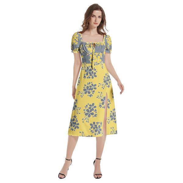 Floral Flow Puff Sleeve Split Thigh Midi Dress - Objet D'Art