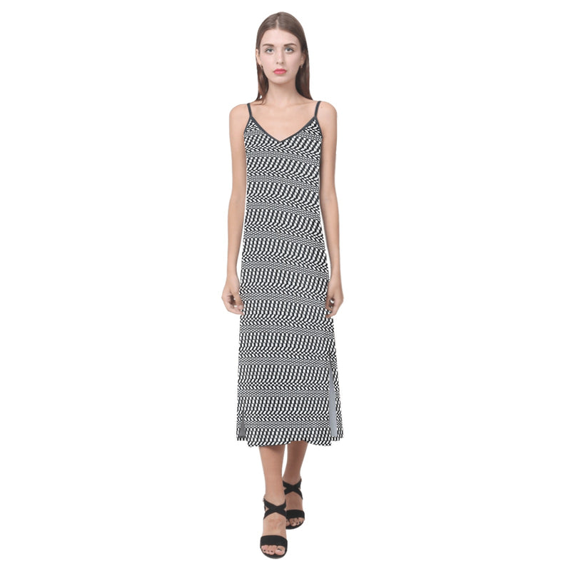 striped geo print 5C V-Neck Open Fork Long Dress(Model D18) - Objet D'Art
