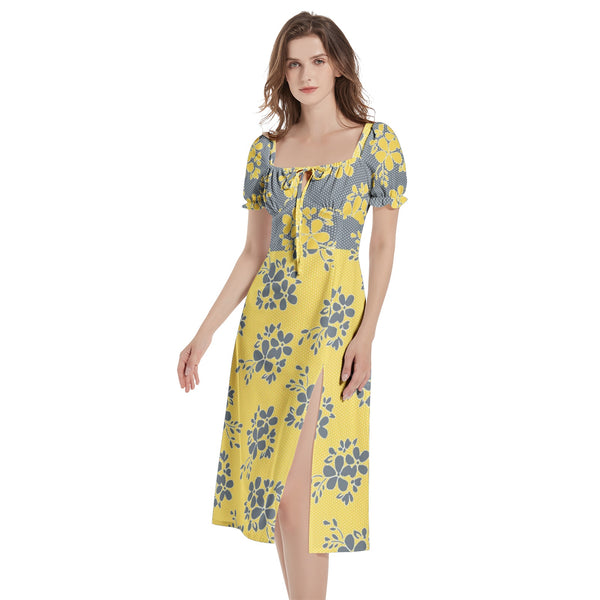 Floral Flow Puff Sleeve Split Thigh Midi Dress - Objet D'Art