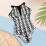 yin and yang bw print 2 Women's High Neck Plunge Mesh Ruched Swimsuit (S43) - Objet D'Art