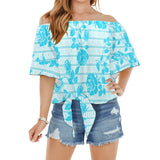 greek roses in blue print Off Shoulder Knot Front Blouse (Model T71) - Objet D'Art