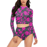 fuchsia rose on gray greek key print Long Sleeve Bikini Set (Model S27) - Objet D'Art