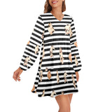 cats bw striped print 2 yoga_leggings_template-Recovered-Recovered copy V-Neck Loose Fit Dress (Model D66) - Objet D'Art