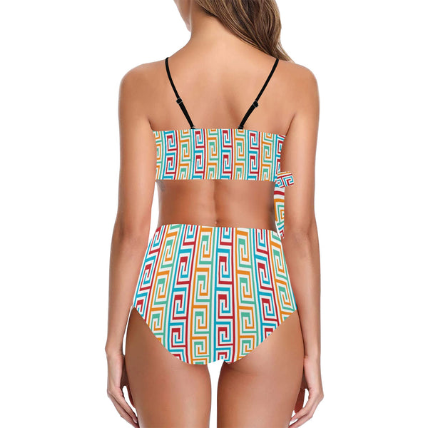 multi colored greek key print Knot Side Bikini Swimsuit (Model S37) - Objet D'Art