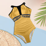 bronze striped print 2 Women's High Neck Plunge Mesh Ruched Swimsuit (S43) - Objet D'Art