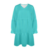 blue green striped print 2 V-Neck Loose Fit Dress (Model D66) - Objet D'Art