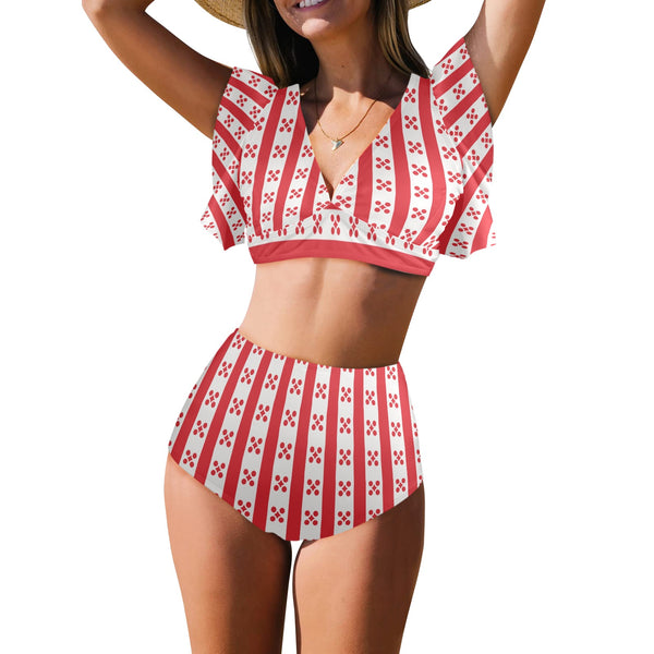 gingham red white print Women's Ruffle Sleeve Bikini Swimsuit (Model S42) - Objet D'Art