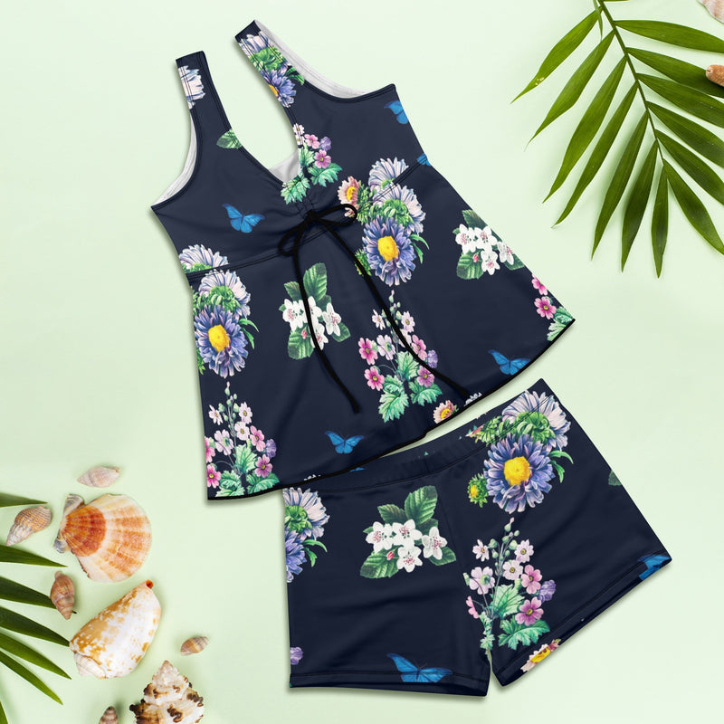 floral print butterfly 4 Women's Vest Skirt Split Swimsuit (Model S47) - Objet D'Art