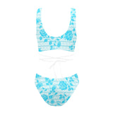 greek roses in blue print Cross String Bikini Set (Model S29) - Objet D'Art