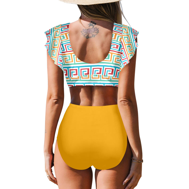 saffron print solid 2 Women's Ruffle Sleeve Bikini Swimsuit (Model S42) - Objet D'Art