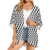 bw print A2 geometry Women's Kimono Chiffon Cover Up (Model H51) - Objet D'Art