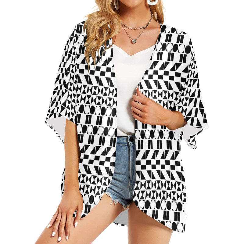 bw print A2 geometry Women's Kimono Chiffon Cover Up (Model H51) - Objet D'Art