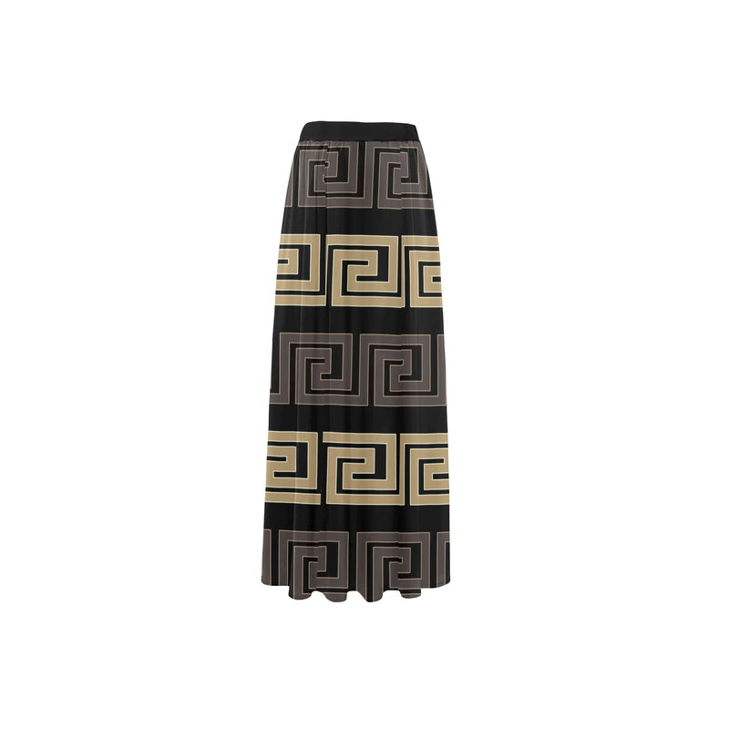 brown beige greek key print 10A High Slit Long Beach Dress (Model S40) - Objet D'Art