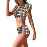 self portrait color scheme print Women's Ruffle Sleeve Bikini Swimsuit (Model S42) - Objet D'Art