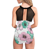 pink green floral mj shoes Women's High Neck Plunge Mesh Ruched Swimsuit (S43) - Objet D'Art