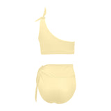 creme solid print 2 High Waisted One Shoulder Bikini Set (Model S16) - Objet D'Art