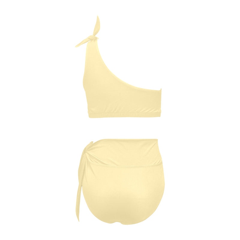 creme solid print 2 High Waisted One Shoulder Bikini Set (Model S16) - Objet D'Art