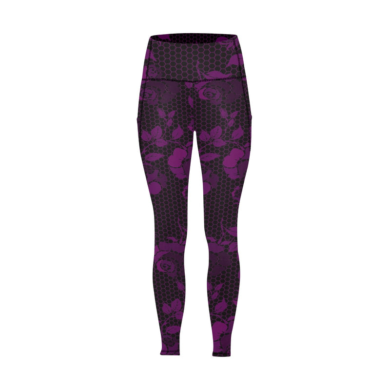 purple rose print 4 Women's All Over Print Leggings with Pockets (Model L56) - Objet D'Art