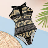 brown beige greek key print 10A Women's High Neck Plunge Mesh Ruched Swimsuit (S43) - Objet D'Art