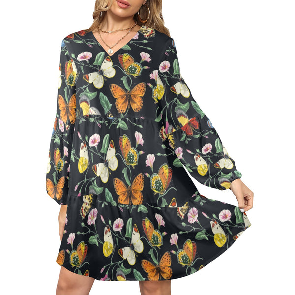 butterfly print artsadd V-Neck Loose Fit Dress (Model D66) - Objet D'Art