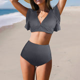 hex gray print 5 Women's Ruffle Sleeve Bikini Swimsuit (Model S42) - Objet D'Art