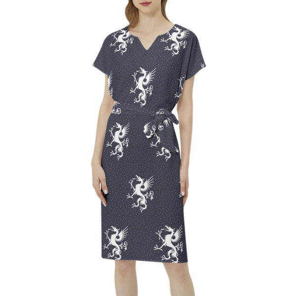 Batwing Sleeve Notch Neck Casual Dress with Belt - Objet D'Art