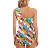 floral striped swimwear Women's One Shoulder Backless Swimsuit (Model S44) - Objet D'Art