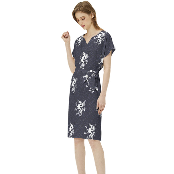 Batwing Sleeve Notch Neck Casual Dress with Belt - Objet D'Art