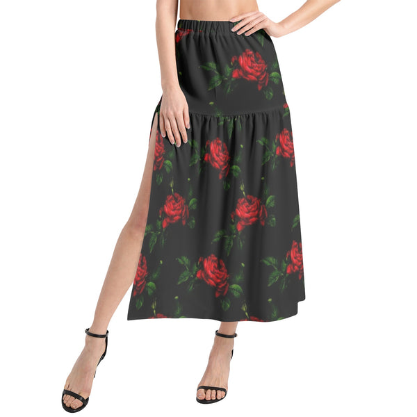 Rose Print Elastic Waist Ruffle Slit Hem Skirt - Objet D'Art