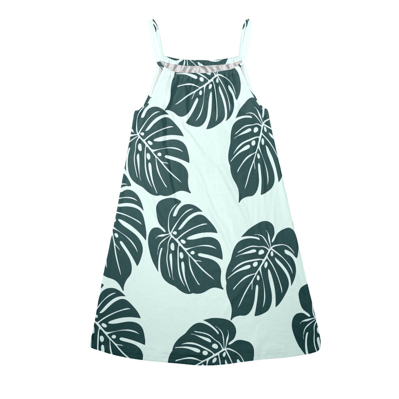 dark green light green background print Drawstring Neck Sleeveless Dress (Model D68) - Objet D'Art