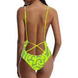 neon green scroll print 2 Sexy Lacing Backless One-Piece Swimsuit (Model S10) - Objet D'Art