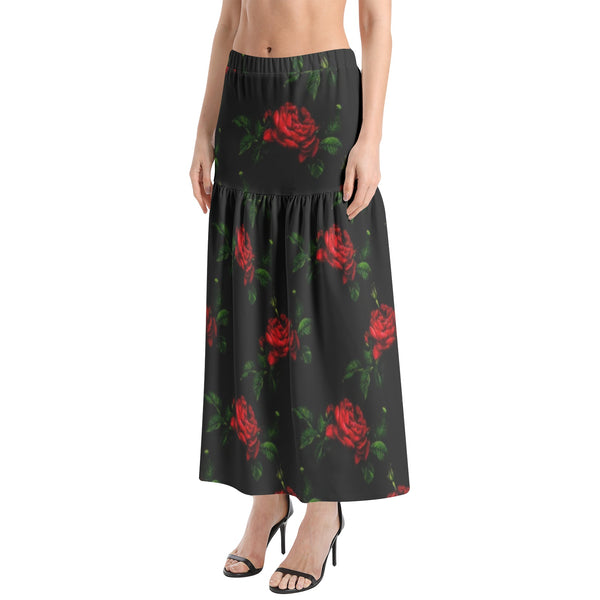 Rose Print Elastic Waist Ruffle Slit Hem Skirt - Objet D'Art
