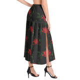 Rose Print Elastic Waist Ruffle Slit Hem Skirt - Objet D'Art
