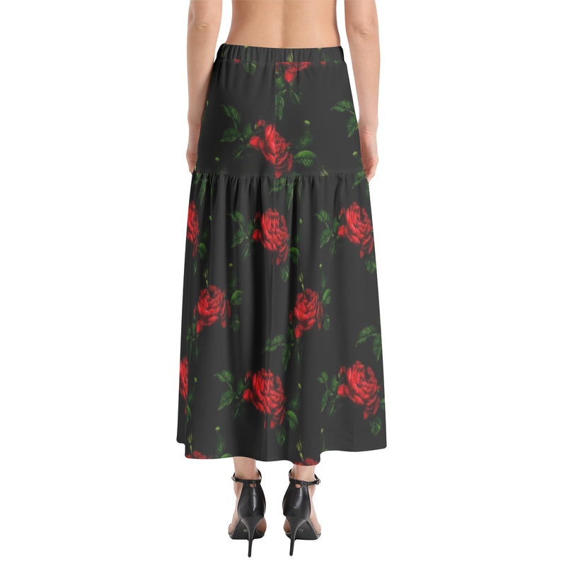 Rose Print Elastic Waist Ruffle Slit Hem Skirt - Objet D'Art