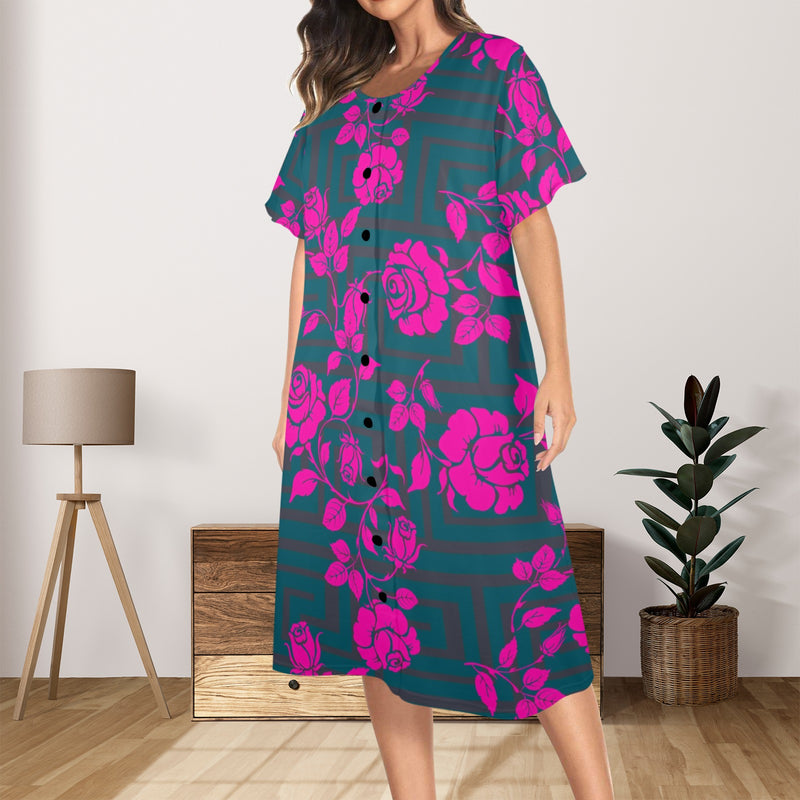 fuchsia rose emerald green greek key print 4 Women's Button Front House Dress - Objet D'Art