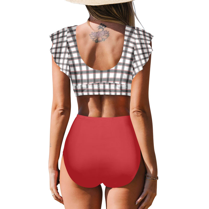 grid red gray print 2 Women's Ruffle Sleeve Bikini Swimsuit (Model S42) - Objet D'Art