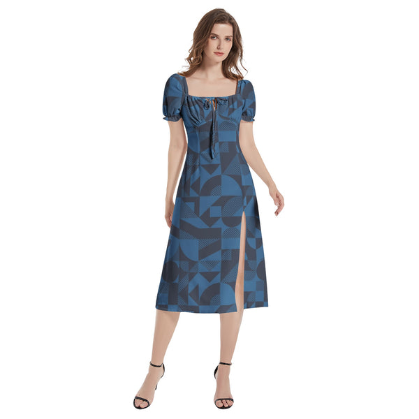 Bauhaus Blue Puff Sleeve Split Thigh Midi Dress - Objet D'Art