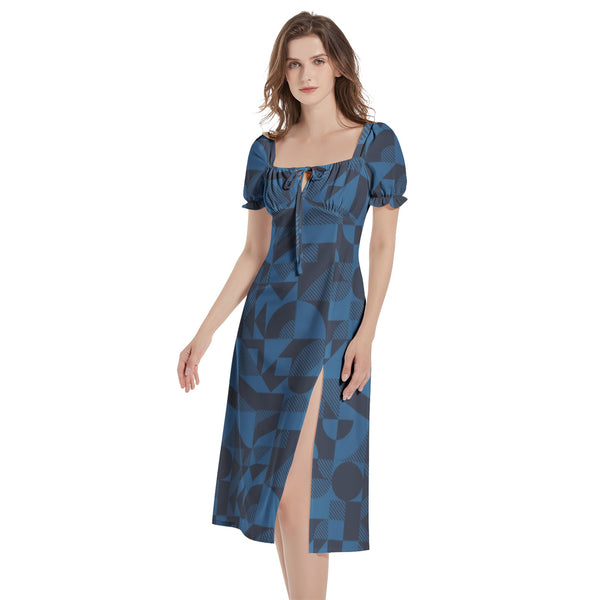 Bauhaus Blue Puff Sleeve Split Thigh Midi Dress - Objet D'Art
