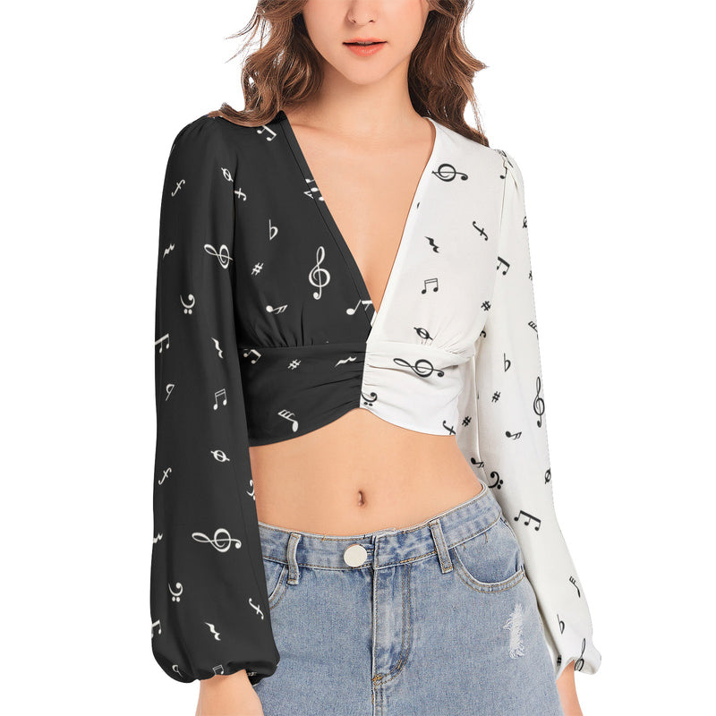 Women's Deep V-Neck Lantern Sleeve Crop Top