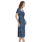 Bauhaus Blue Puff Sleeve Split Thigh Midi Dress - Objet D'Art