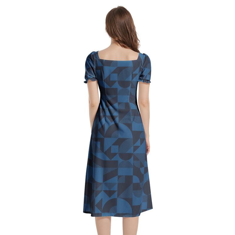 Bauhaus Blue Puff Sleeve Split Thigh Midi Dress - Objet D'Art