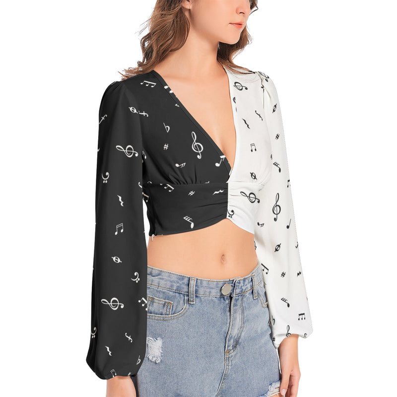 Women's Deep V-Neck Lantern Sleeve Crop Top