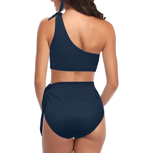 navy blue 2 print 4 High Waisted One Shoulder Bikini Set (Model S16) - Objet D'Art