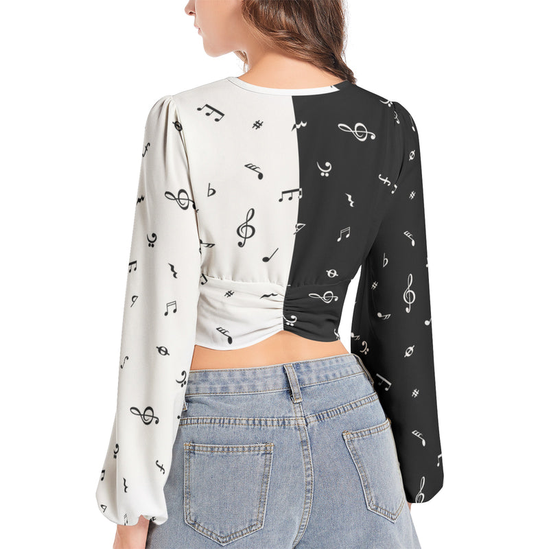 Women's Deep V-Neck Lantern Sleeve Crop Top