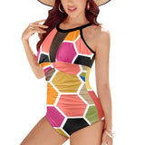 colorful hex print 5 Women's High Neck Plunge Mesh Ruched Swimsuit (S43) - Objet D'Art