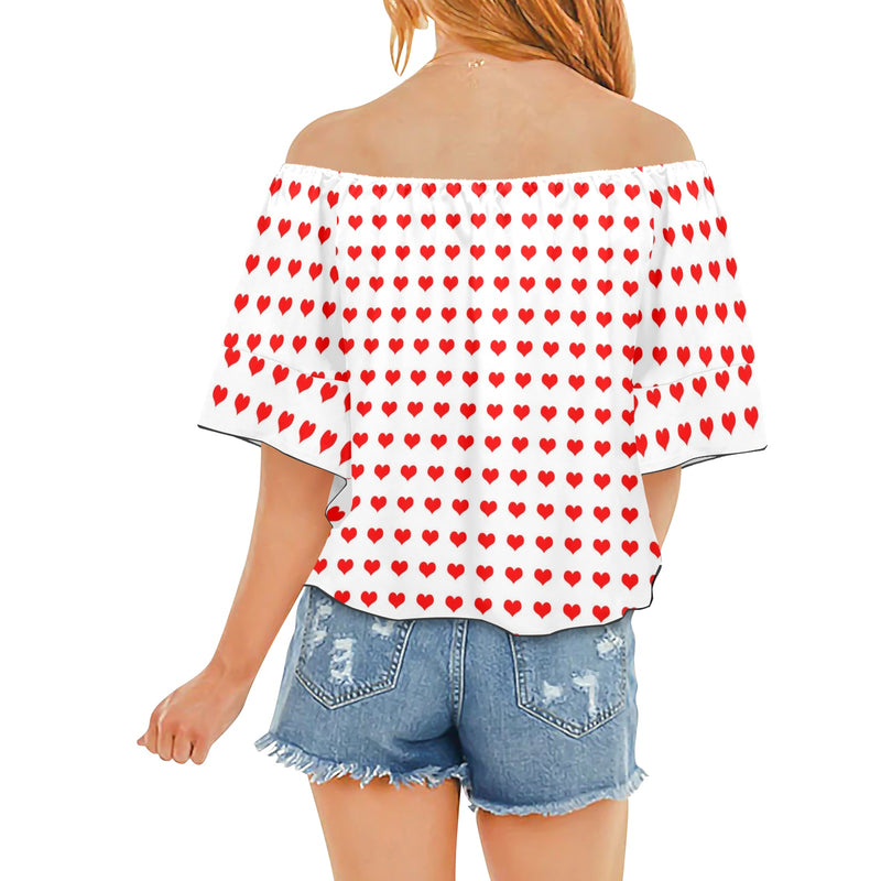 red hot heart 3 print 2 Off Shoulder Knot Front Blouse (Model T71) - Objet D'Art