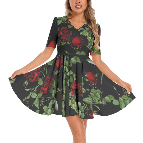 Rose Print Short Sleeve Ruched Bust Flared Hem Dress - Objet D'Art