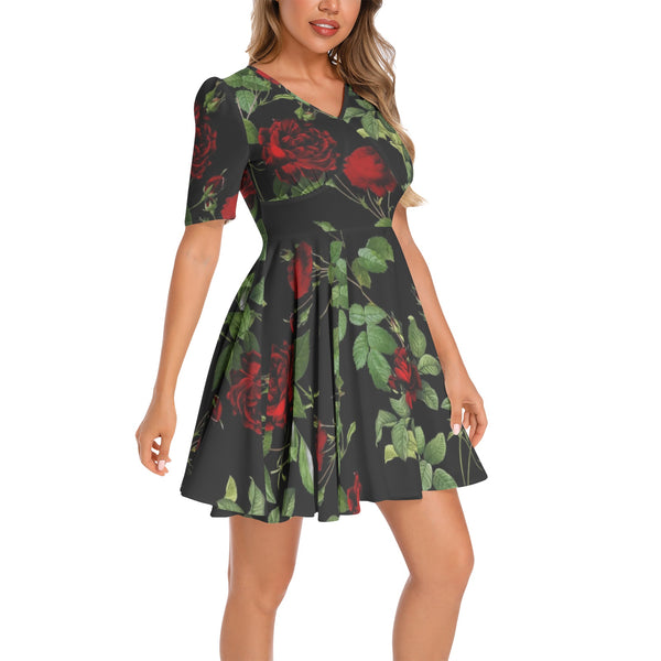 Rose Print Short Sleeve Ruched Bust Flared Hem Dress - Objet D'Art