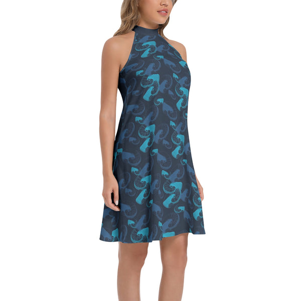 Nautilus Shell Tie Back Halter Neck Flared Dress - Objet D'Art