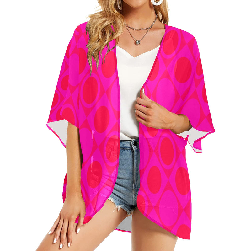 fuchsia diamond pattern Women's Kimono Chiffon Cover Up (Model H51) - Objet D'Art